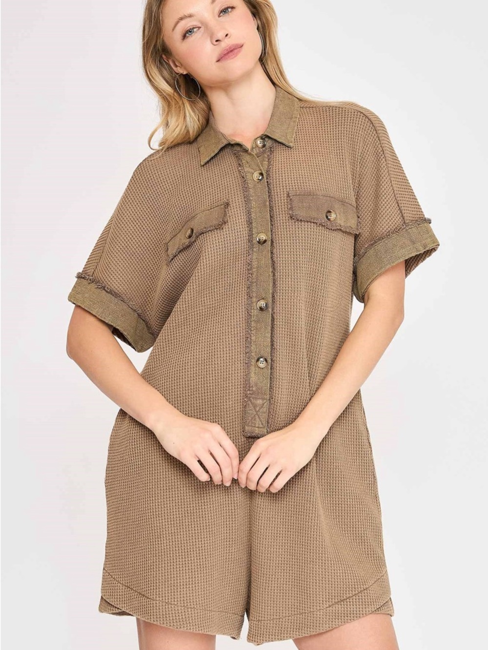Umgee Taupe Waffle Knit Button-Front Romper